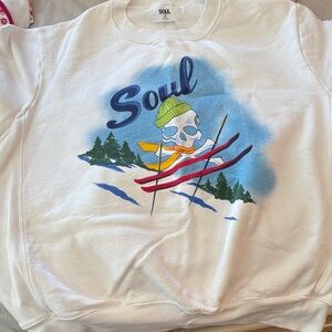 SoulCycle White Crew Neck Sweater with Blue and Green Accents